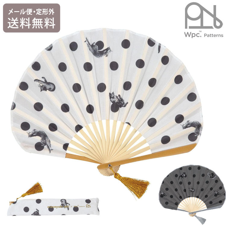 沖昌之×Wpc. Patterns 扇子 猫 ねこ 沖昌之 コラボ 定形外 送料無料 ドット 浴衣 着物 涼しい 可愛い うちわ センス せんす シェル型 猫柄 モノトーン ギフトボックス入り