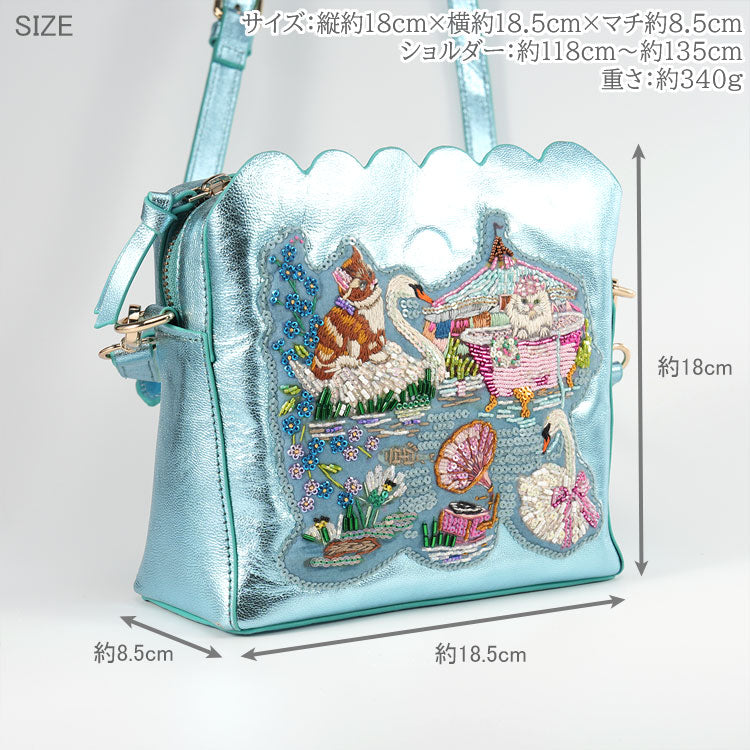 お財布ポシェット スカラップショルダーバッグ Swan Lake metallic blue SHO3881 送料無料 タマオワールド ショルダーバッグ ネコ スワン 革 バッグ ポーチ 刺繍 動物 かわいい