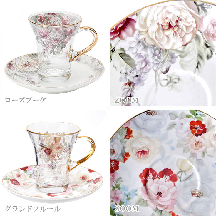 送料無料 ハルモニア フラワー ピオニー ガラス カップ&ソーサー ローズ ガラスカップ&ソーサー 6客セット HM-1361 食器 ガラス コーヒー 紅茶