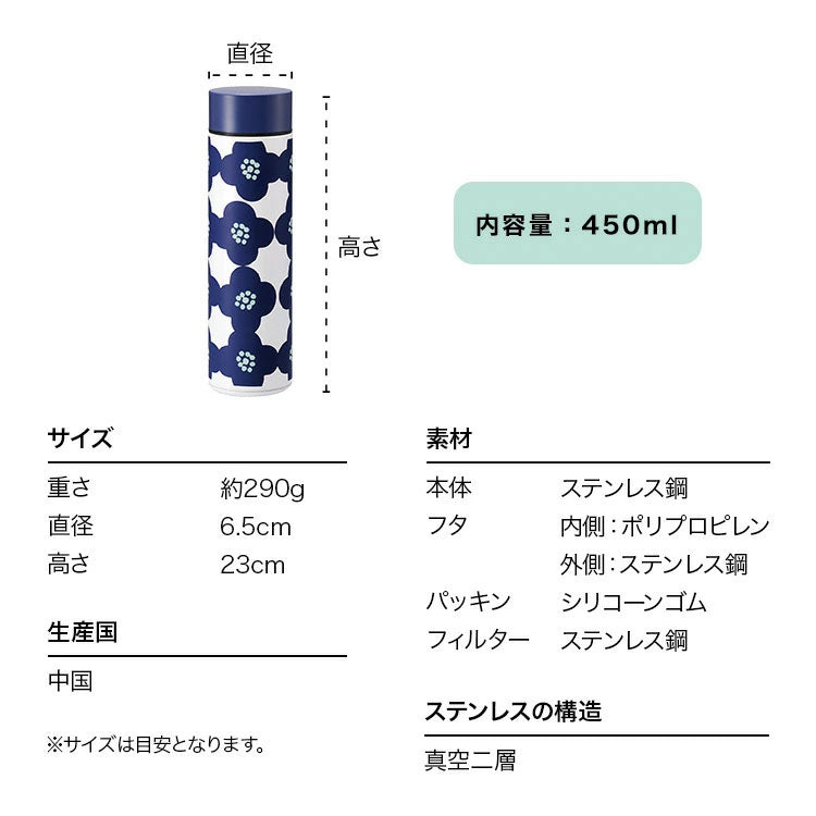 Wpc. Patterns ステンレスボトル 450ml 送料無料 W133 水筒 マグボトル 保冷 保温 持ち運び 持ちやすい 洗いやすい 真空二層 直飲み 花柄 かわいい 日常生活 ランチ レディース 女性 ギフト