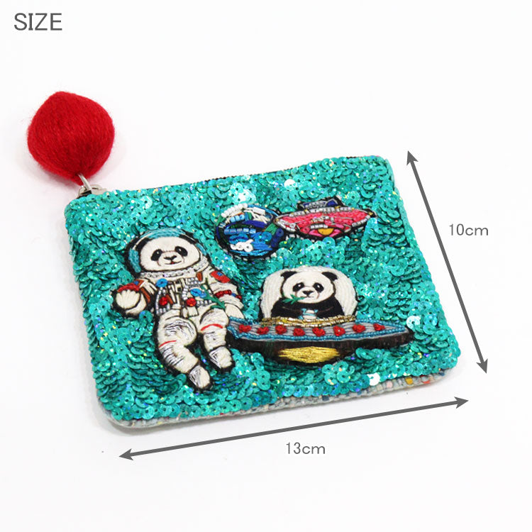 タマオワールド 宇宙パンダ スパンコール 刺繍 ポーチ メール便 送料無料 SPACE PANDA GREEN POC3695