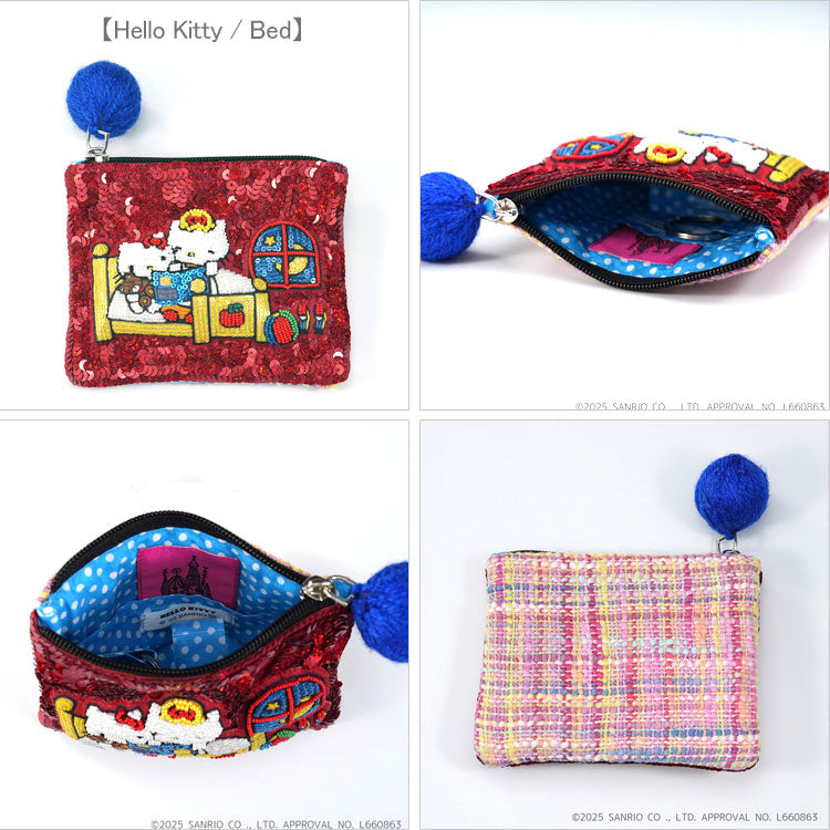 タマオワールド スパンコール刺繍ポーチ ハローキティ ベット ピアノ マイメロディ POC3815 POC3814 POC3835 メール便 スパンコール 刺繍 ポーチ 小銭入れレッド(Bed)