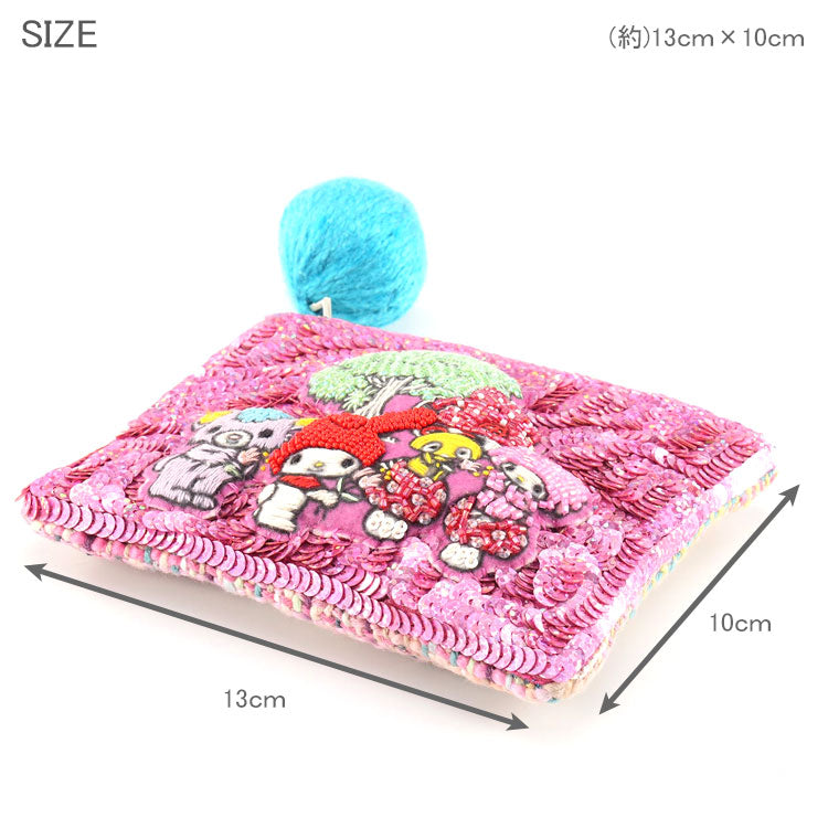 タマオワールド スパンコール刺繍ポーチ ハローキティ ベット ピアノ マイメロディ POC3815 POC3814 POC3835 メール便 スパンコール 刺繍 ポーチ 小銭入れレッド(Bed)