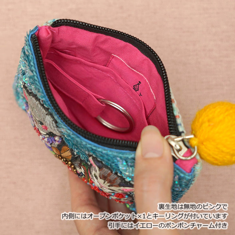 タマオワールド スパンコール刺繍ポーチ Picnic POC3667 ネコポス 送料無料 ポーチ 小物入れ 猫 ネコ ねこ レディース 刺繍 ファスナー スパンコール キーケース ハナカラクサ
