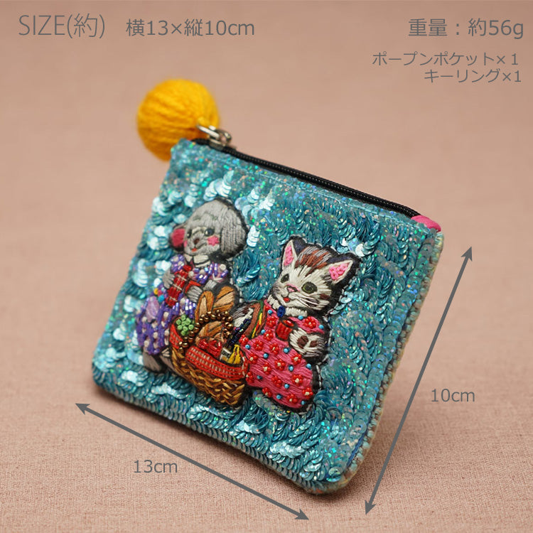 タマオワールド スパンコール刺繍ポーチ Picnic POC3667 ネコポス 送料無料 ポーチ 小物入れ 猫 ネコ ねこ レディース 刺繍 ファスナー スパンコール キーケース ハナカラクサ