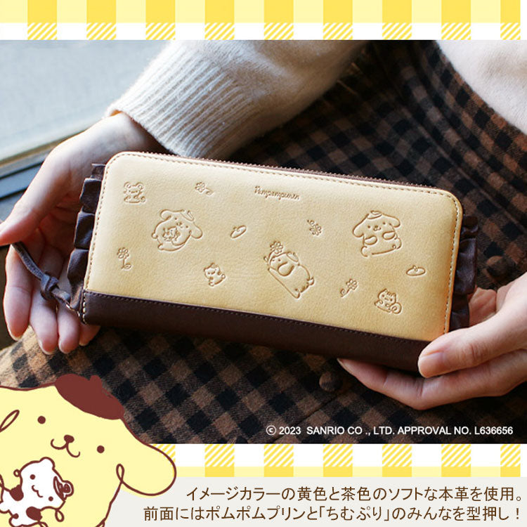 サンリオ ポムポムプリン レザー 長財布 送料無料 本革 12240 財布 R束入れ ラウンドファスナー チームプリン