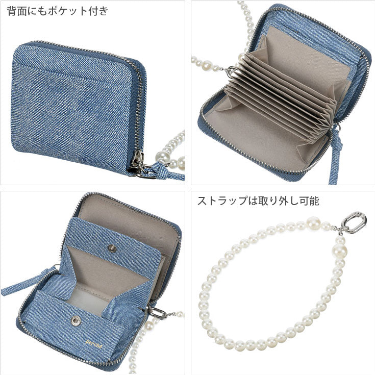 perche パール調 ストラップ ジャバラ カード ウォレット ミニ財布 財布 ウォレット コンパクト パール ミニ 小銭入れ 牛革 革 ライトブラック