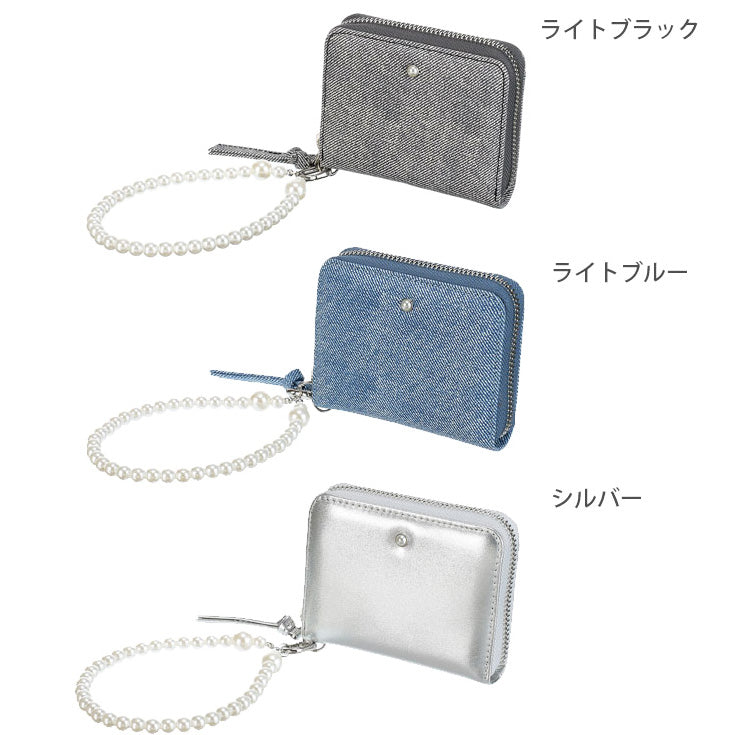 perche パール調 ストラップ ジャバラ カード ウォレット ミニ財布 財布 ウォレット コンパクト パール ミニ 小銭入れ 牛革 革 ライトブラック