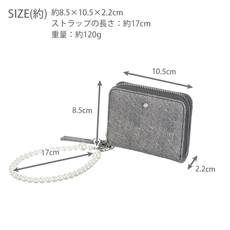 perche パール調 ストラップ ジャバラ カード ウォレット ミニ財布 財布 ウォレット コンパクト パール ミニ 小銭入れ 牛革 革 ライトブラック