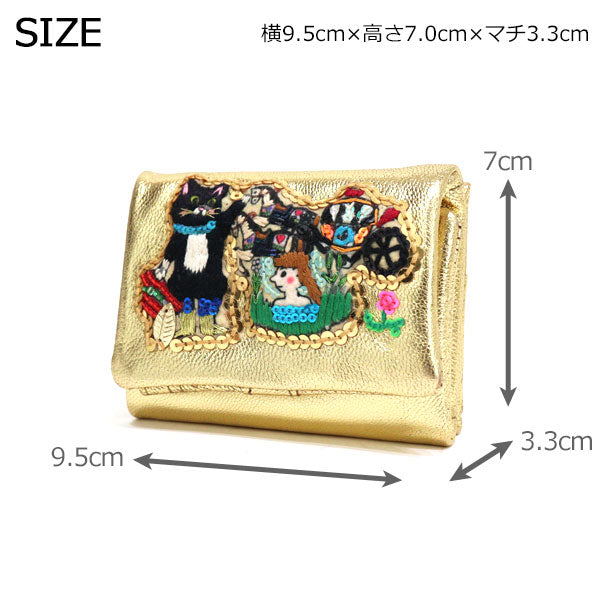 タマオワールド Cat wearing boots ゴールド WAL3125 送料無料 tamao world 折財布 刺繍 小銭入れ ミニ財布 レディース
