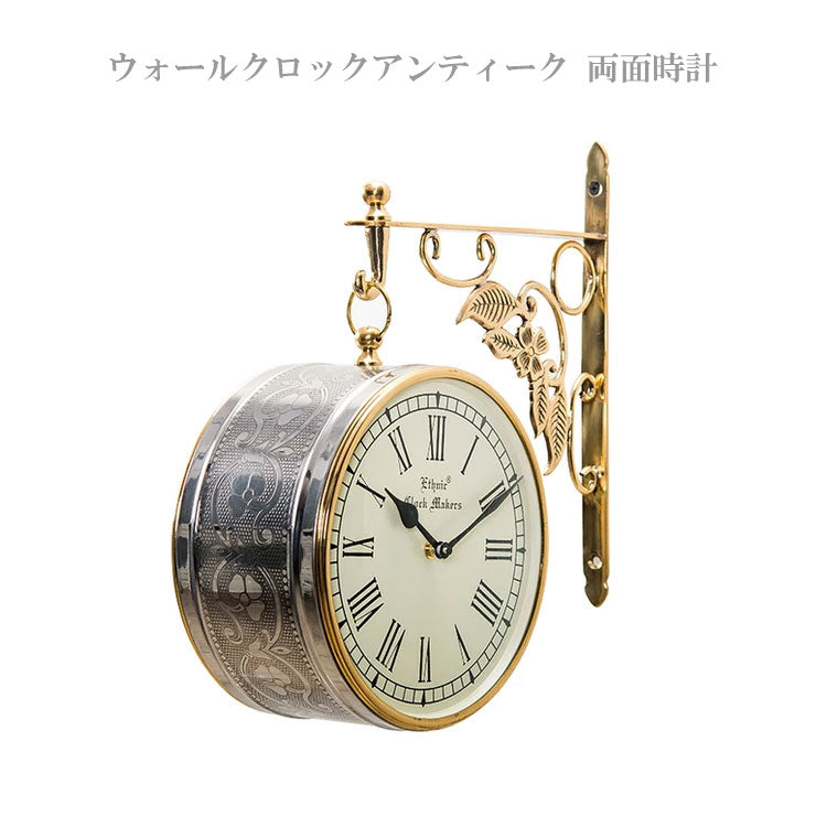 送料無料 ウォールクロック アンティーク 両面時計 ebn0945 306030 SRS-890 壁掛け時計 時計 ギリシャ数字 植物 ボタニカル ラウンド 丸型