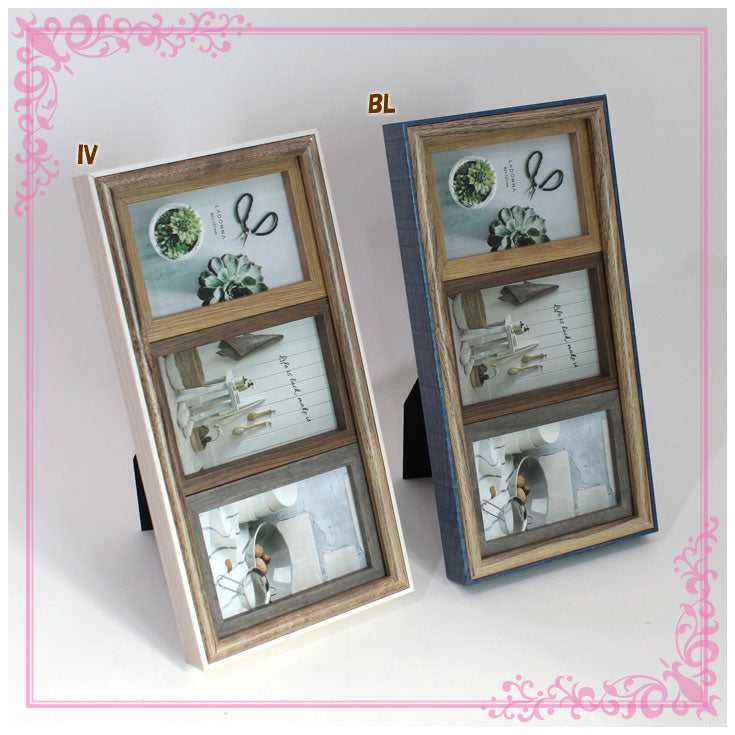 ladonna コラージュ ガラス フォトフレーム 3窓 df91-30 インテリア 木製 アイボリー ネイビー