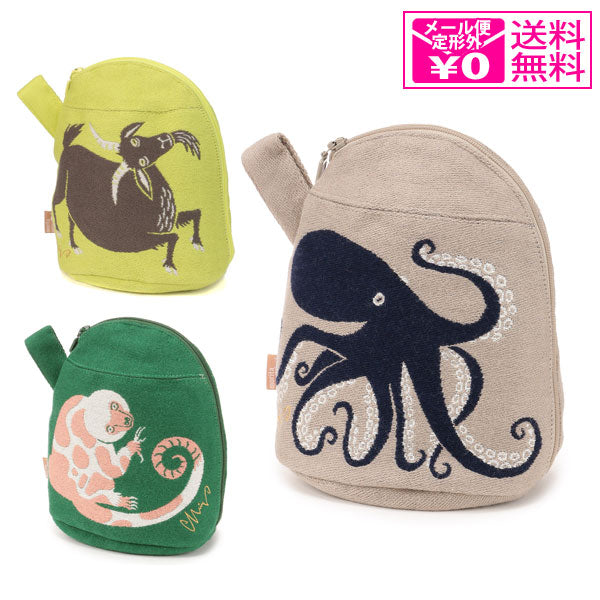 定形外送料無料 moritaMiW マチ付ポーチ ポエム付き ポーチ 小物入れ 化粧ポーチ マチ 動物 タコ ヤギ クスクス 綿 コットン