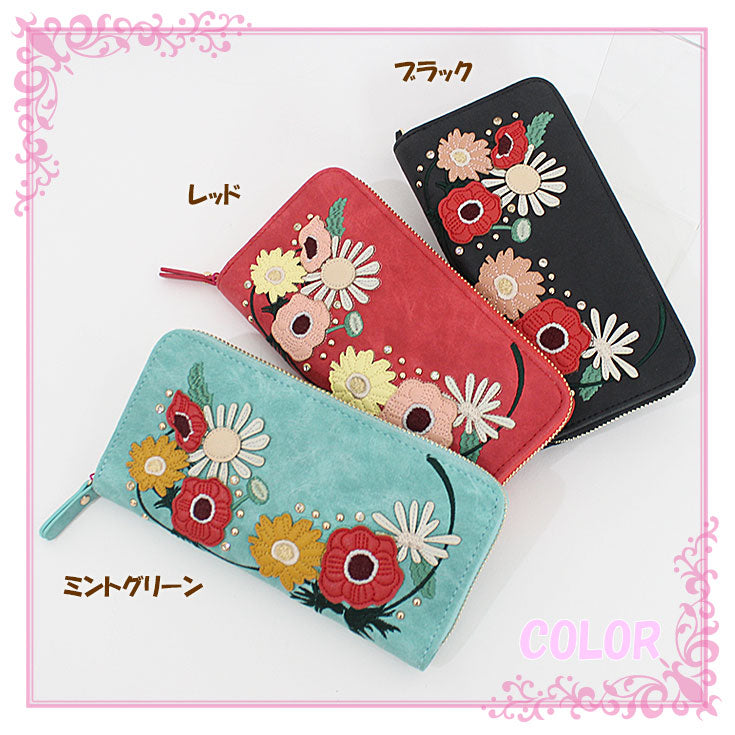 addict FLAPPER 花アップリケ 長財布 ラウンドファスナー 全3色 f178121