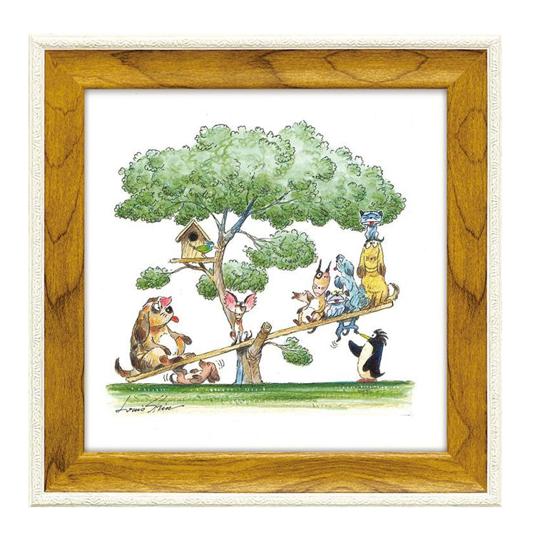 ルイ・シン アートフレーム イッツ ヘビー LS‑03205 猫 犬 ペンギン 鳥 動物 シーソー アート おしゃれ 壁掛け 絵画 版画 額縁 アニマル イラスト