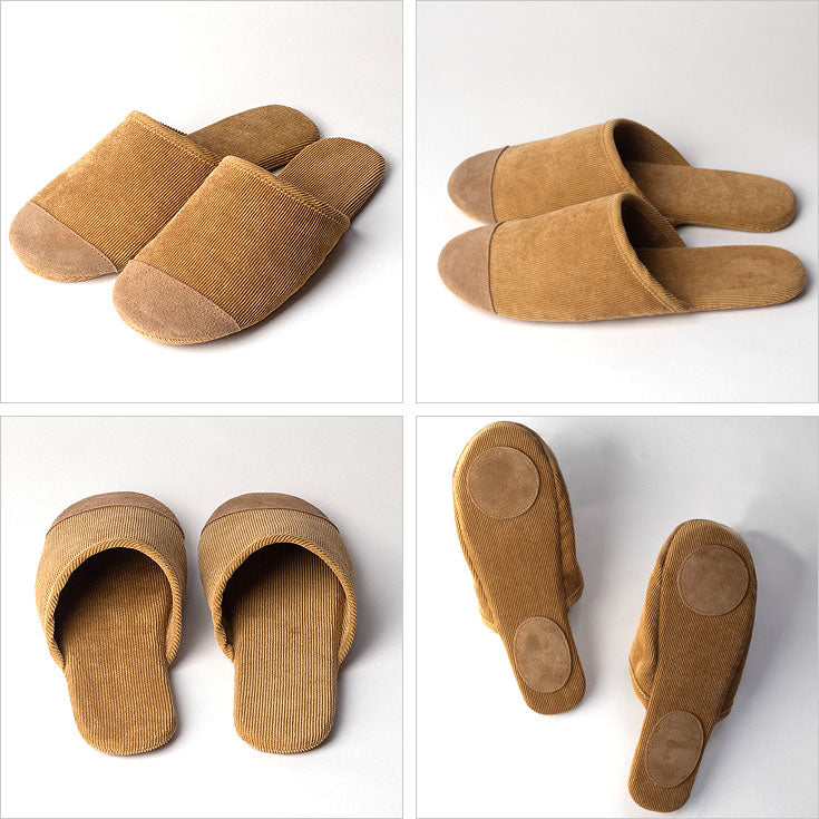 コーデュロイ スリッパ 室内 ルームシューズ 洗えるメール便 送料無料 丸洗い スエード 軽い 本革 柔らかい 軽量 静音 旅行 フィット 参観 ブラウンM(22.5～24.5)