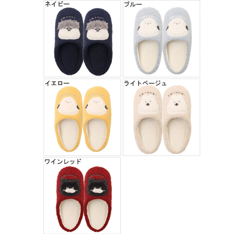 スワンネルルームシューズ レディース スリッパ ルームシューズ シマエナガ シュナウザー 黒猫 サモエド 保温 冷え対策 ふわふわ ぽかぽか  アニマル かわいい ネイビー