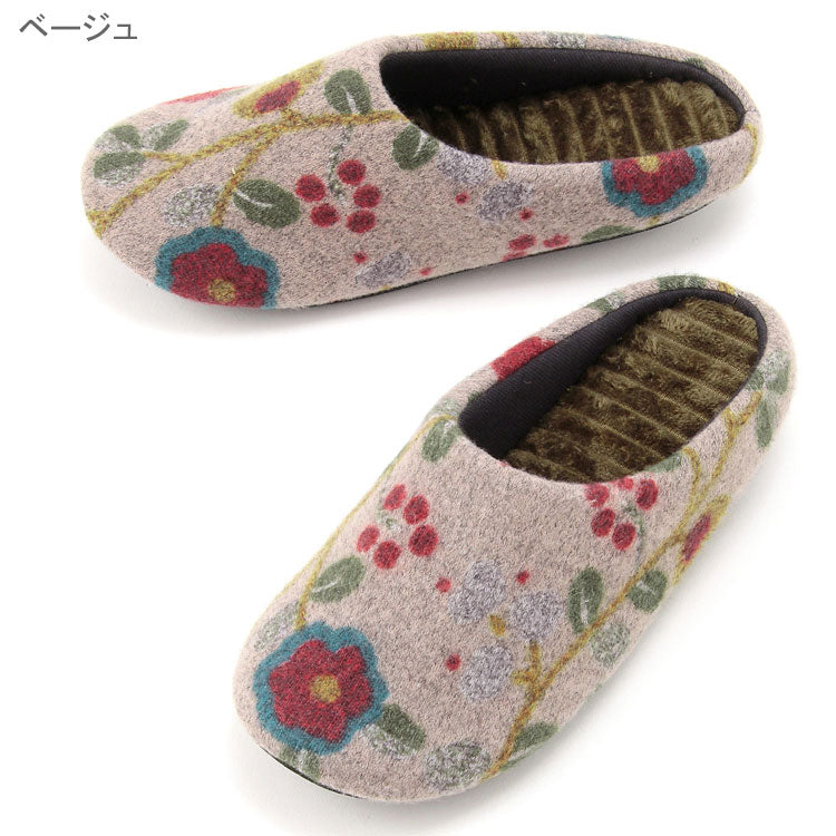 クキア ルームシューズ スリッパ 花柄 定形外 送料無料 保温 暖かい トップヒート 洗える日本製 洗濯可能 北欧 室内履き 部屋履きベージュ