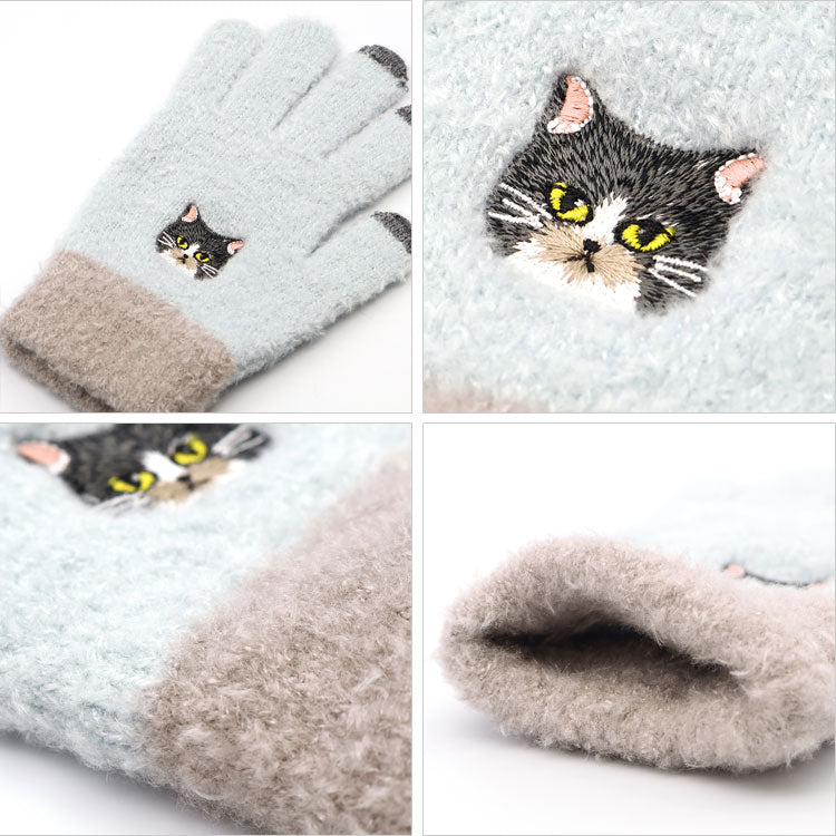 スマホ手袋 ネコ 手袋 スマホ対応 猫 定形外 送料無料 レディース ふわふわ 刺繍 猫柄 スマホ ニット生地クロネコ