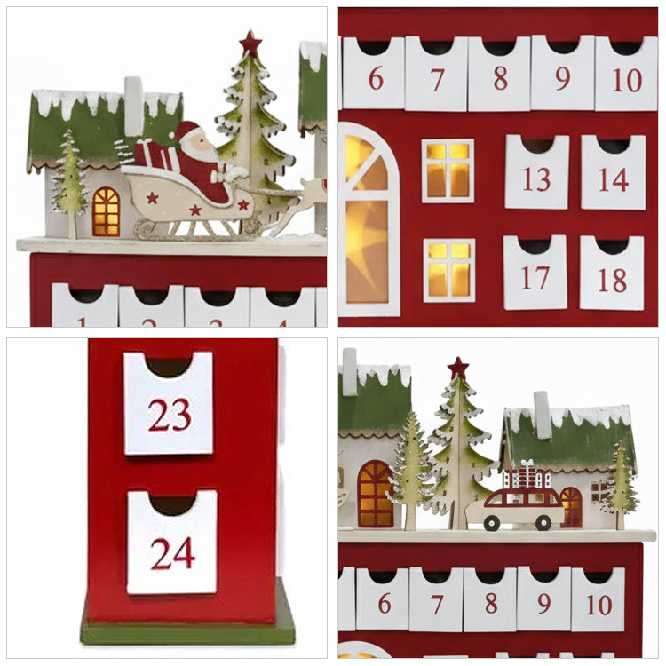 クリスマス LED ウッド アドベント カレンダー ハウス レッド c-20012 118-341 xmas 引き出し プレゼントアドベントカレンダー
