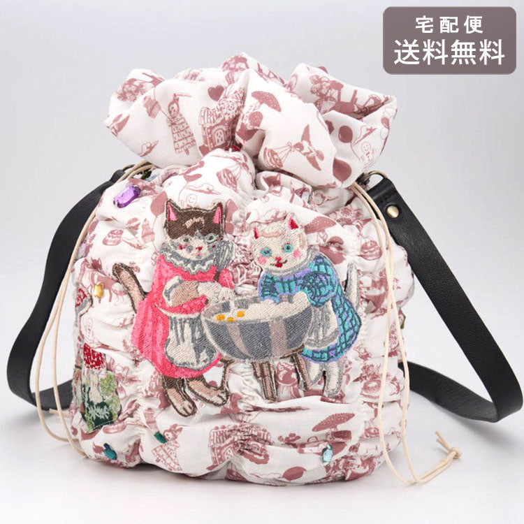 タマオワールド ２WAY 巾着バッグ House of Candy ショルダーバッグ 送料無料 BAG3701 バッグ 巾着 ハンドバッグ 猫 ネコ ねこ レディース 刺繍