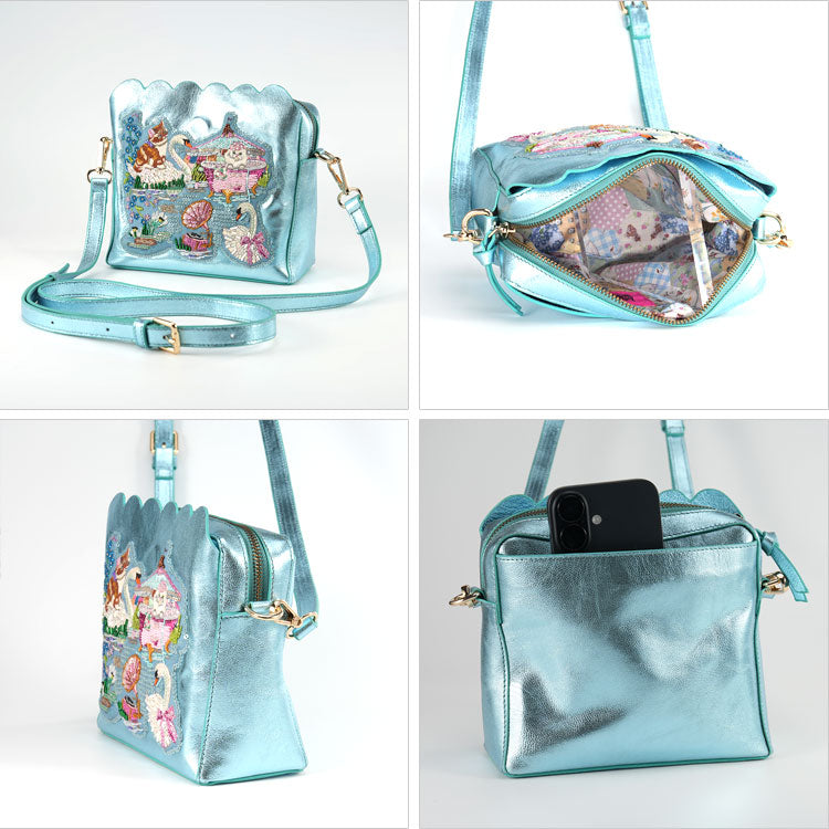 お財布ポシェット スカラップショルダーバッグ Swan Lake metallic blue SHO3881 送料無料 タマオワールド ショルダーバッグ ネコ スワン 革 バッグ ポーチ 刺繍 動物 かわいい