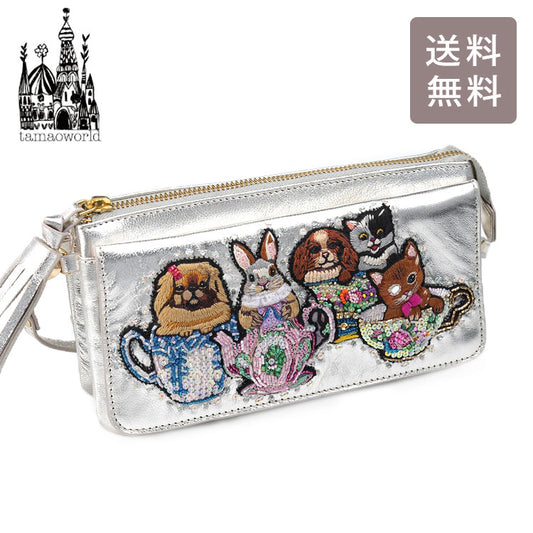 お財布ポシェット Afternoon tea animal SHO3849 送料無料 タマオワールド ショルダーバッグ 犬 ウサギ 猫 革 財布 バッグ  ポーチ 刺繍 動物 ティーカップ