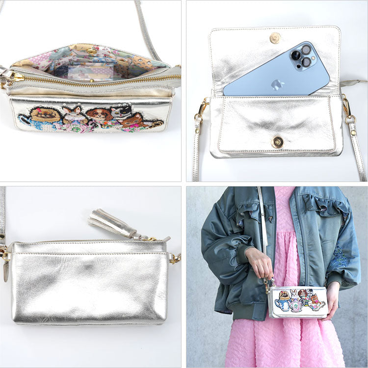 お財布ポシェット Afternoon tea animal SHO3849 送料無料 タマオワールド ショルダーバッグ 犬 ウサギ 猫 革 財布 バッグ  ポーチ 刺繍 動物 ティーカップ