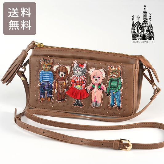 ナタリーレテ お財布 ポシェット キャメル Nathalie Lete Animals (camel) 送料無料 SHO3858 ネコ くま 羊革 天然皮革 刺繍 お財布ショルダー スマホショルダー バッグ 財布 猫 熊 ベア