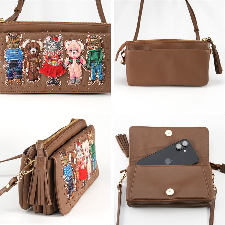 ナタリーレテ お財布 ポシェット キャメル Nathalie Lete Animals (camel) 送料無料 SHO3858 ネコ くま 羊革 天然皮革 刺繍 お財布ショルダー スマホショルダー バッグ 財布 猫 熊 ベア