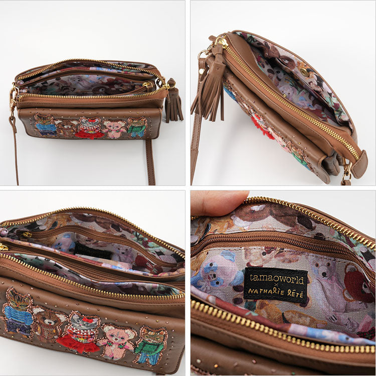 ナタリーレテ お財布 ポシェット キャメル Nathalie Lete Animals (camel) 送料無料 SHO3858 ネコ くま 羊革 天然皮革 刺繍 お財布ショルダー スマホショルダー バッグ 財布 猫 熊 ベア