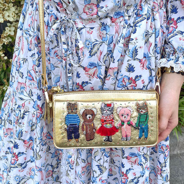 ナタリーレテ お財布 ポシェット ゴールド Nathalie Lete Animals (gold) 送料無料 SHO3860 ネコ くま 山羊革 天然皮革 刺繍 お財布ショルダー スマホショルダー バッグ 財布 猫 熊 ベア