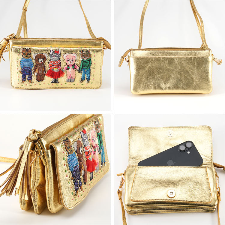 ナタリーレテ お財布 ポシェット ゴールド Nathalie Lete Animals (gold) 送料無料 SHO3860 ネコ くま 山羊革 天然皮革 刺繍 お財布ショルダー スマホショルダー バッグ 財布 猫 熊 ベア