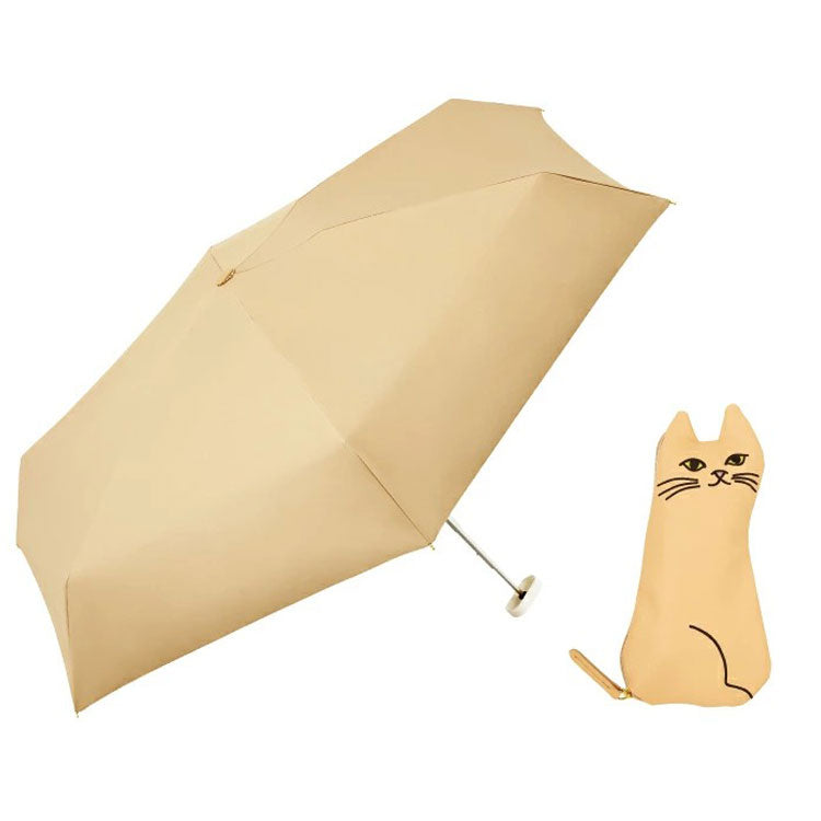 because PUおでかけキャット ミニ 晴雨兼用 折り畳み傘 B-095856 送料無料 猫 ポーチ付き ネコ 日傘 傘 遮熱 遮光 完全遮光 100% 猫ポーチ 黒猫 白猫ベージュ