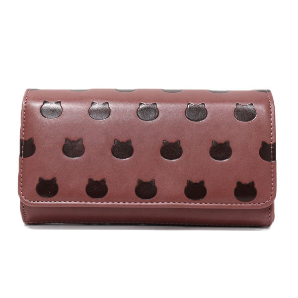 ねこねこぽこぽこ かぶせ長財布 定形外 送料無料 L字ファスナー 長財布 財布 合成皮革 ネコ 猫 型押し かわいい シンプル ブラウン