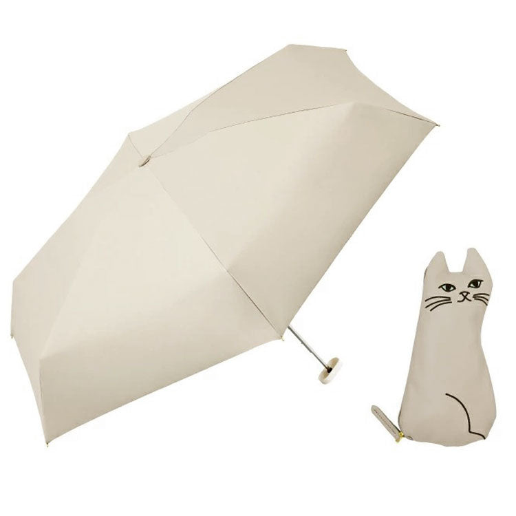 because PUおでかけキャット ミニ 晴雨兼用 折り畳み傘 B-095856 送料無料 猫 ポーチ付き ネコ 日傘 傘 遮熱 遮光 完全遮光 100% 猫ポーチ 黒猫 白猫ベージュ