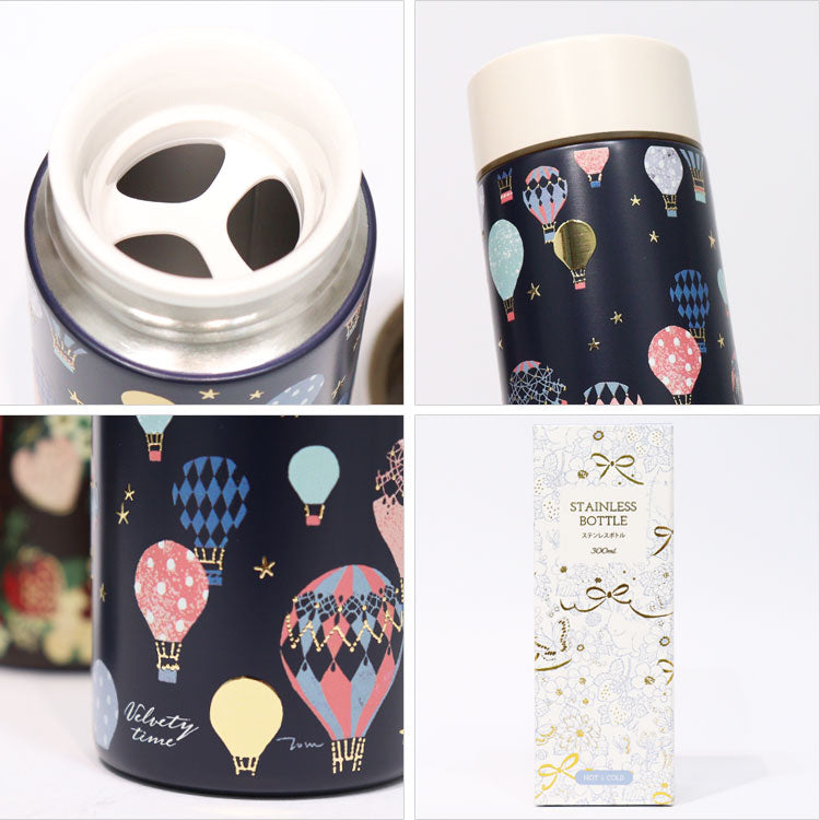 トモコハヤシ 携帯用 ステンレスボトル 300ml 送料無料 水筒 保温 保冷 真空二重構造 軽量 直飲み かわいい ねこ 花柄 テディベア いちご くま オフィス 学校ロマンティックキャット