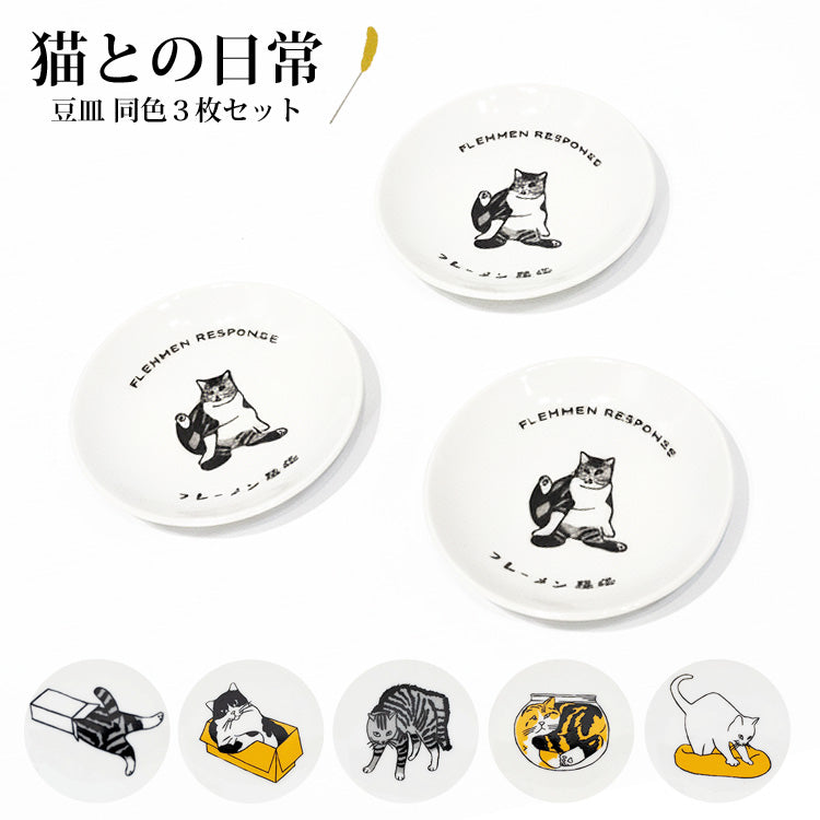 猫との日常 豆皿 波佐見焼 猫 小皿 皿 同柄3枚セット メール便 送料無料 ねこ ネコ 猫 食器 食洗機対応 レンジ対応 かわいい ギフト 日本製 箱に突猫