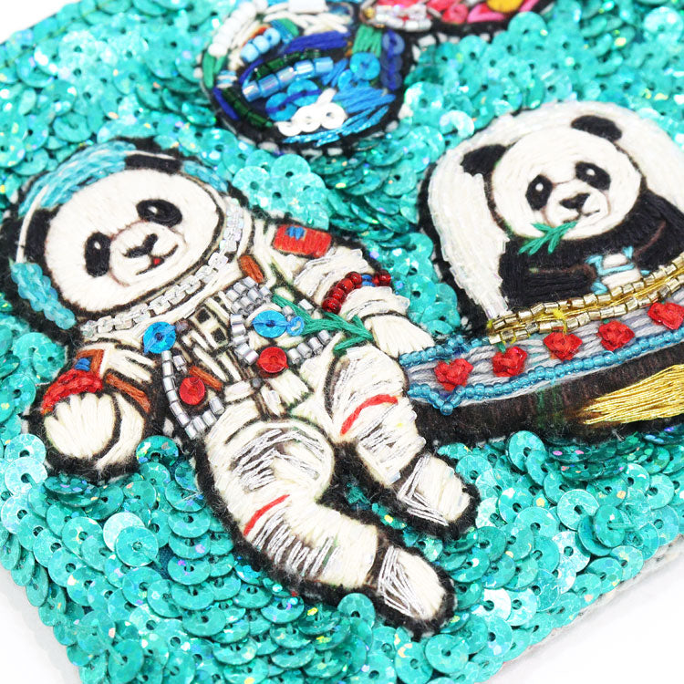 タマオワールド 宇宙パンダ スパンコール 刺繍 ポーチ メール便 送料無料　SPACE PANDA GREEN　POC3695　