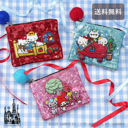 タマオワールド スパンコール刺繍ポーチ ハローキティ  ベット ピアノ マイメロディ POC3815 POC3814 POC3835 メール便  スパンコール 刺繍 ポーチ 小銭入れレッド(Bed)