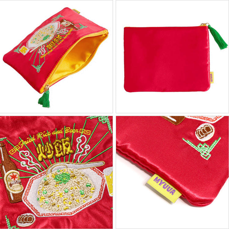 MYUUA ミューア 町中華 ハッピーアワー ポーチ 定形外 送料無料 韓国風 レトロ 小物入れ 収納 刺繍 サテン タッセル ギフト