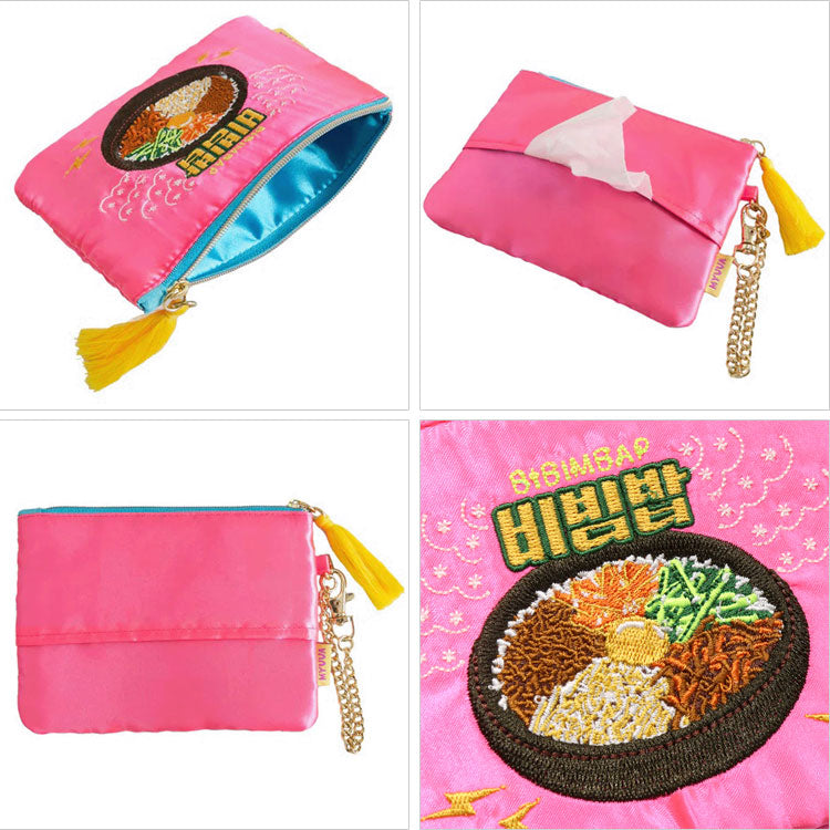 MYUUA ミューア 韓国ビビンバ 温泉 ティッシュポーチ ポーチ 定形外 送料無料 韓国風 レトロ 小物入れ 財布 小銭入れ 収納 サテン ギフト韓国ビビンバ（ピンク）