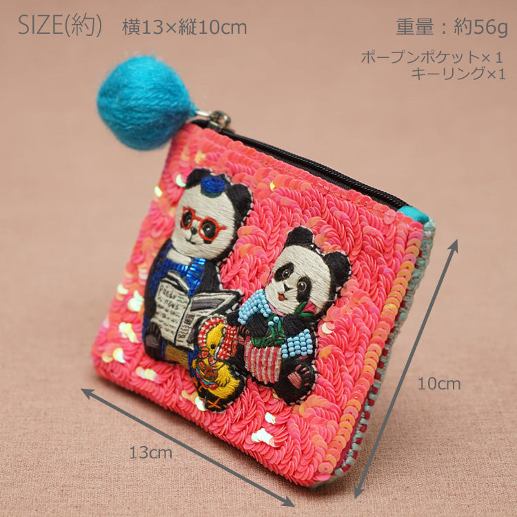 タマオワールド スパンコール刺繍ポーチ Panda parent and child POC3668 ネコポス 送料無料  ポーチ 小物入れ 猫 ネコ ねこ レディース 刺繍 ファスナー スパンコール キーケース ハナカラクサ