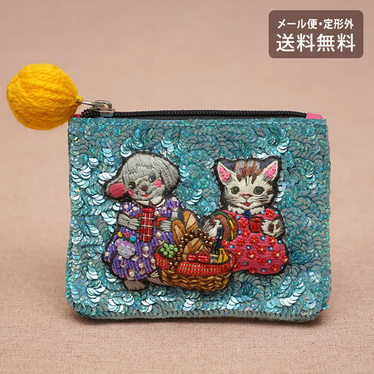 タマオワールド スパンコール刺繍ポーチ Picnic POC3667 ネコポス 送料無料  ポーチ 小物入れ 猫 ネコ ねこ レディース 刺繍 ファスナー スパンコール キーケース ハナカラクサ