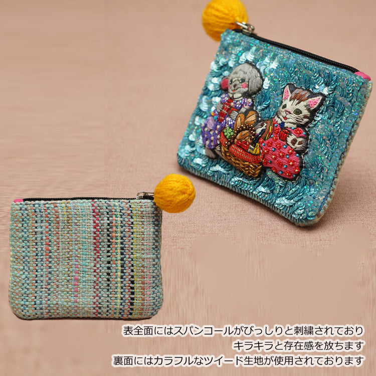 タマオワールド スパンコール刺繍ポーチ Picnic POC3667 ネコポス 送料無料  ポーチ 小物入れ 猫 ネコ ねこ レディース 刺繍 ファスナー スパンコール キーケース ハナカラクサ