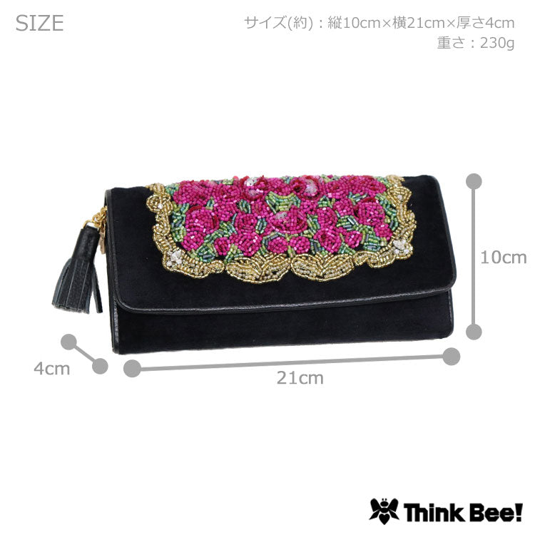 送料無料 シンクビー ケンランG 長財布 薔薇 レッド ブラック かぶせ A002990 Think Bee! 財布 刺繍 赤 黒 バラ 花柄 ビーズ  タッセル