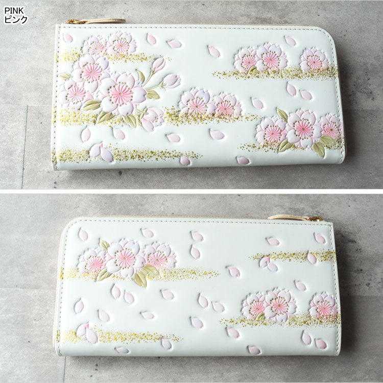 浅草文庫 長財布 金彩八重桜 L字 送料無料 財布 牛革 日本製 桜 花 伝統工芸