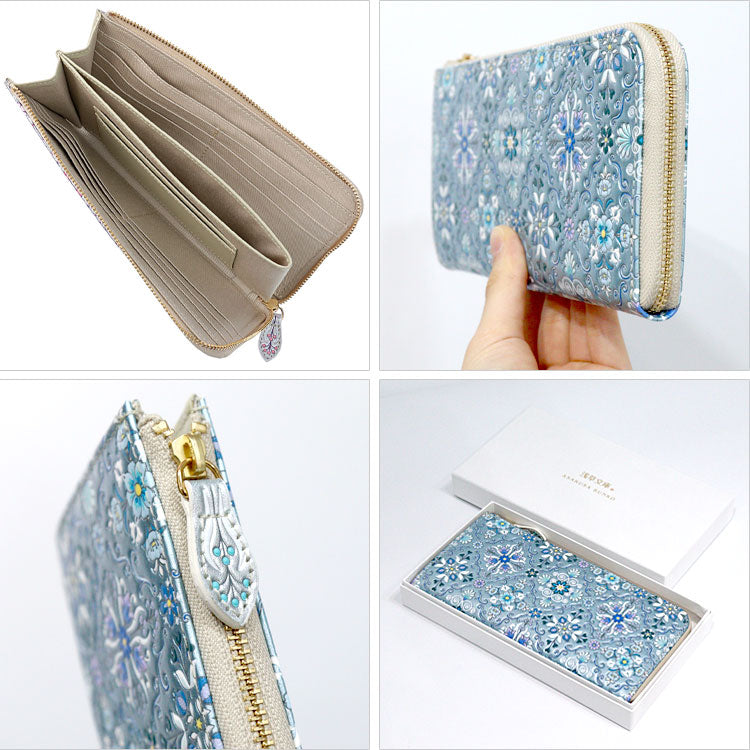 浅草文庫 オリエント シャイニー L字 長財布 束入 送料無料 財布 小銭入れ ファスナー 花柄 植物 模様ブルー