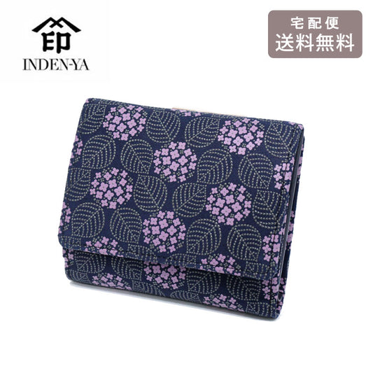 印傳屋 印伝 みその 二つ折り財布 8004 送料無料 財布 小銭入れ 花柄 紫陽花 紫 ギフト レディース