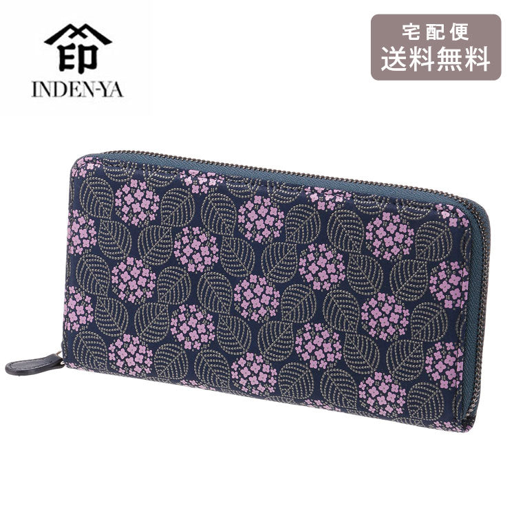 印傳屋 印伝 みその ラウンドファスナー 長財布 束入 8011 送料無料 財布 小銭入れ 花柄 紫陽花 紫 ギフト レディース